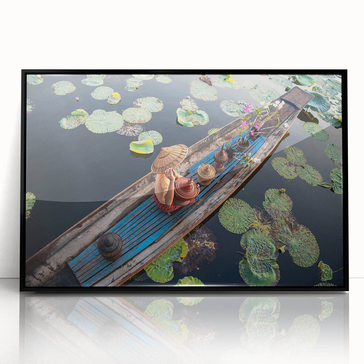 Large abstract wall art depicting a serene Asian landscape in muted earth tones, framed in black acrylic.