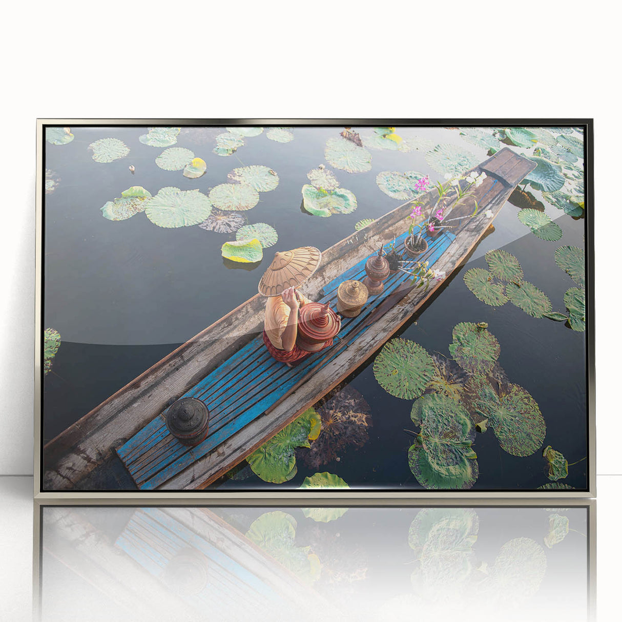 Mid-century modernist art of a Myanmar landscape in silver-framed acrylic, featuring muted earth tones.