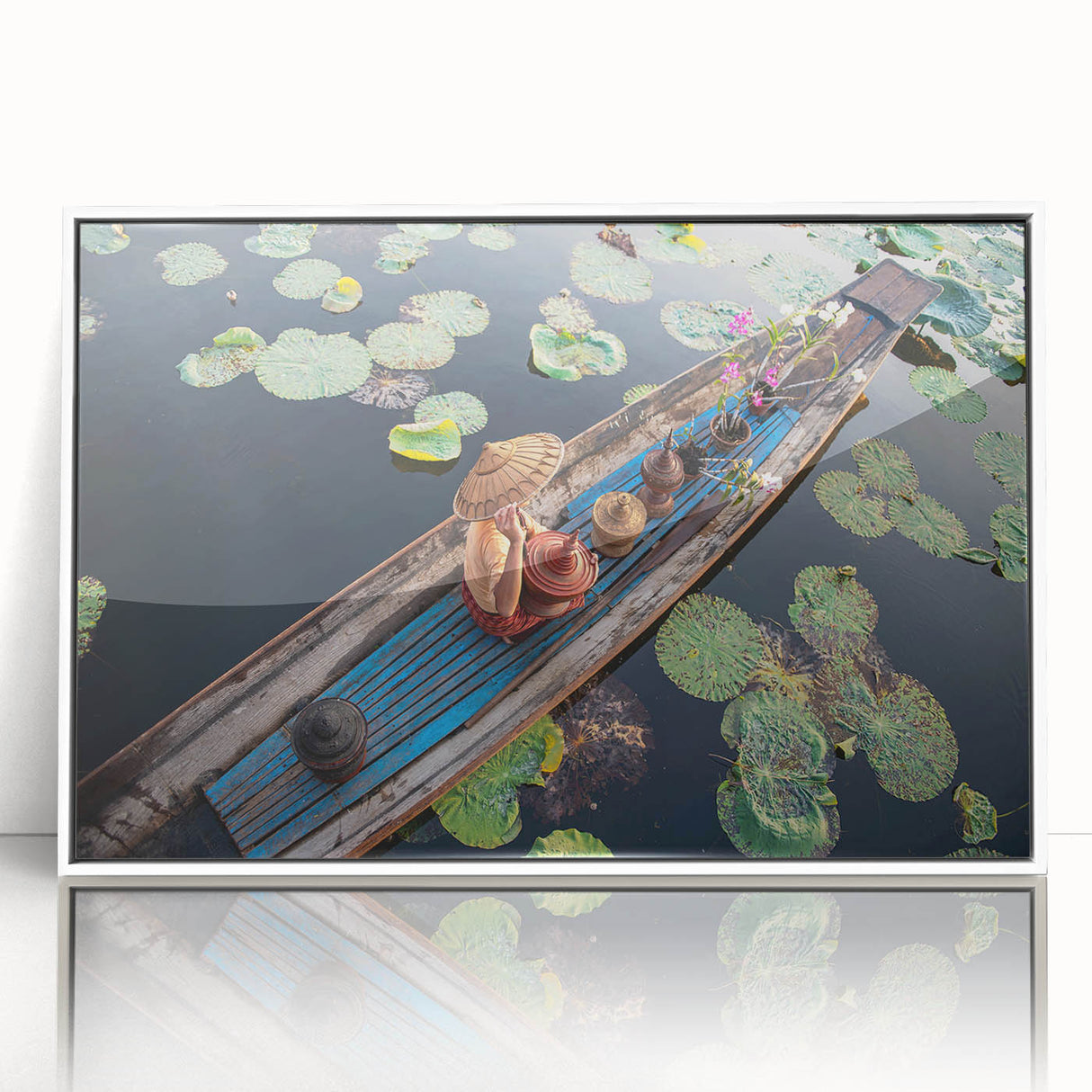 Framed acrylic print of a serene Myanmar landscape in muted green and blue tones.