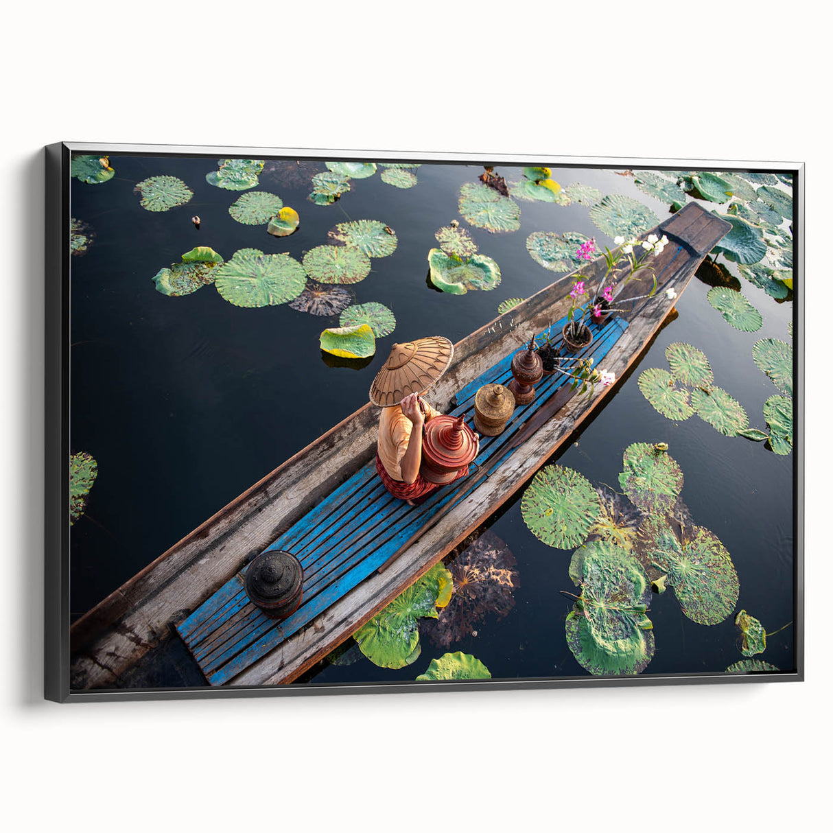 Black and white landscape art of Myanmar scenery on framed canvas, suitable for bedroom wall decor.