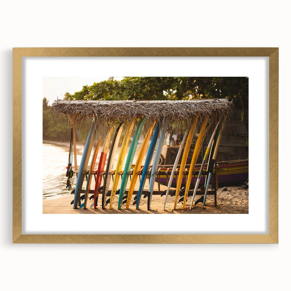 Extra large abstract art print depicting a textured scenery of Sri Lanka in muted earth tones, framed in gold.