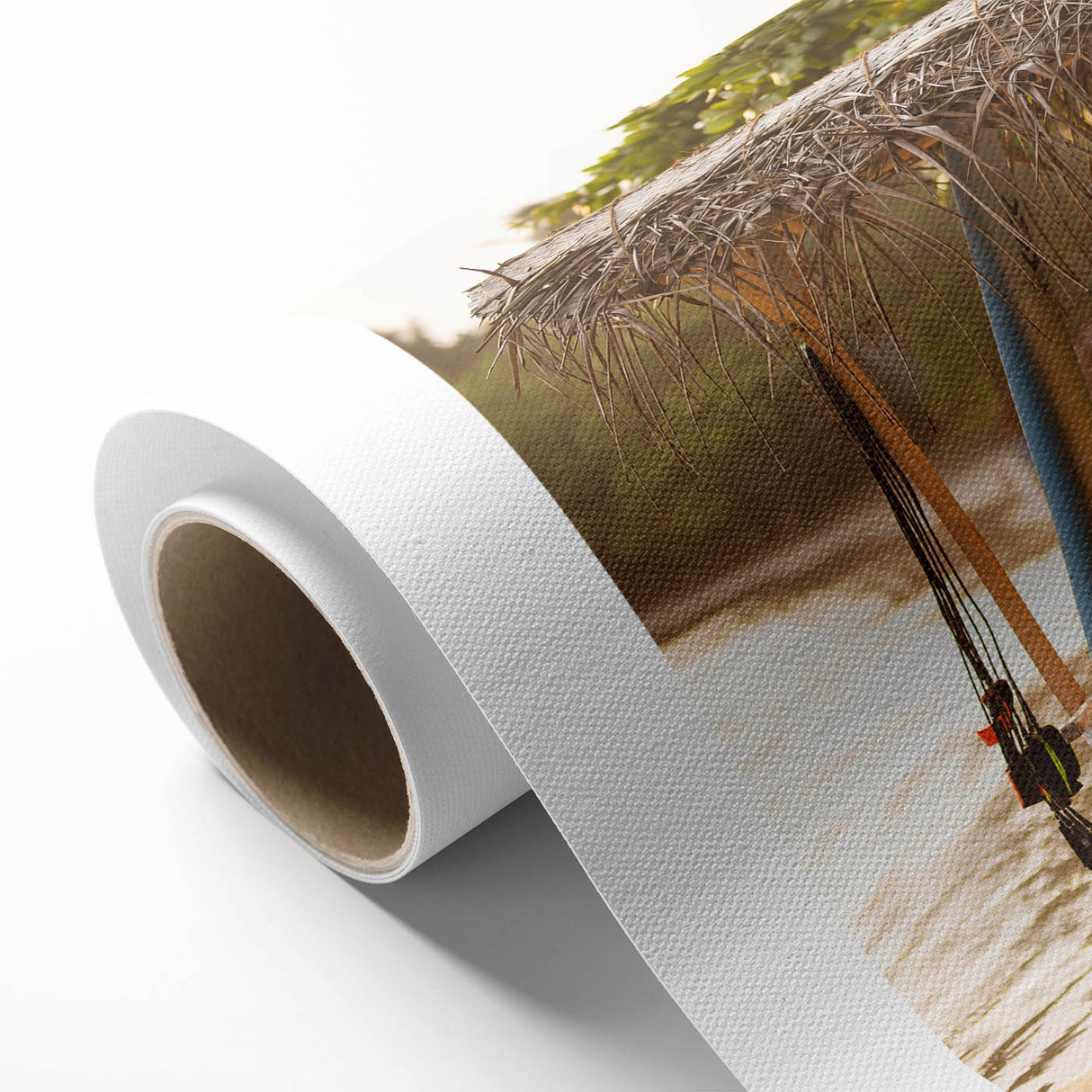 Art deco poster of a serene Sri Lankan landscape in muted green and blue tones on rolled canvas, ideal for nursery wall art.