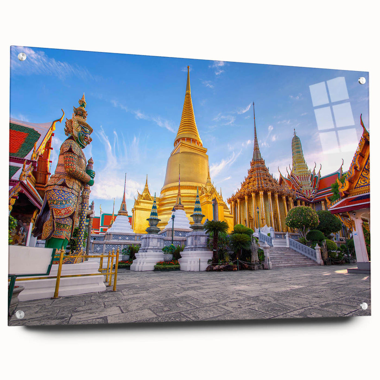 Acrylic print of a large abstract Bangkok cityscape in muted gray and blue tones, suitable for bedroom or dining room decor.