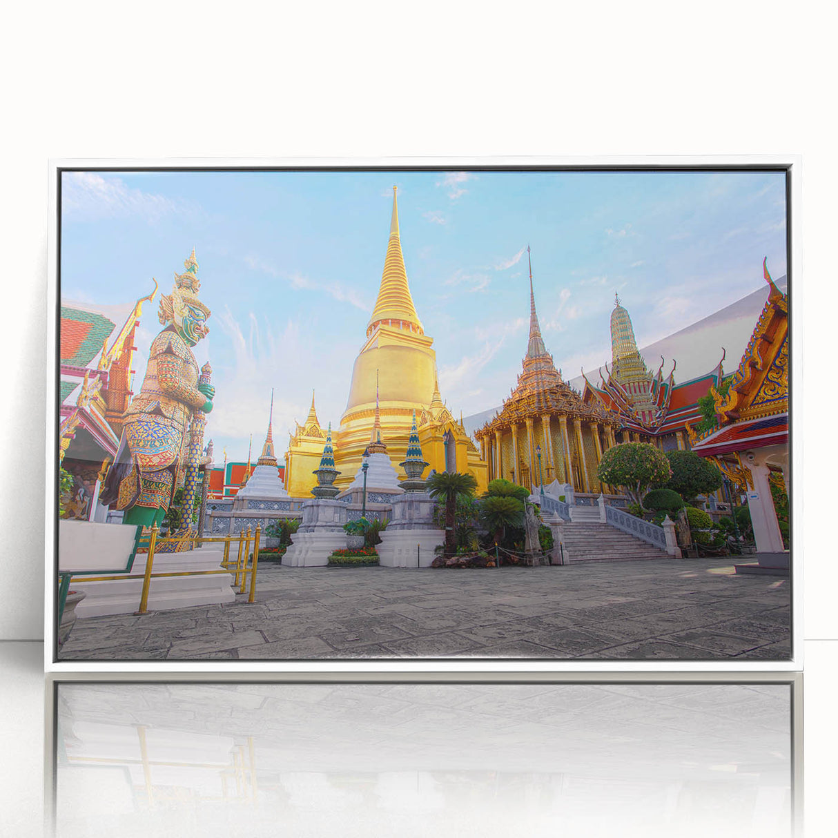 Framed acrylic print of Bangkok skyline in muted gray and blue tones, suitable for modern art wall decor.