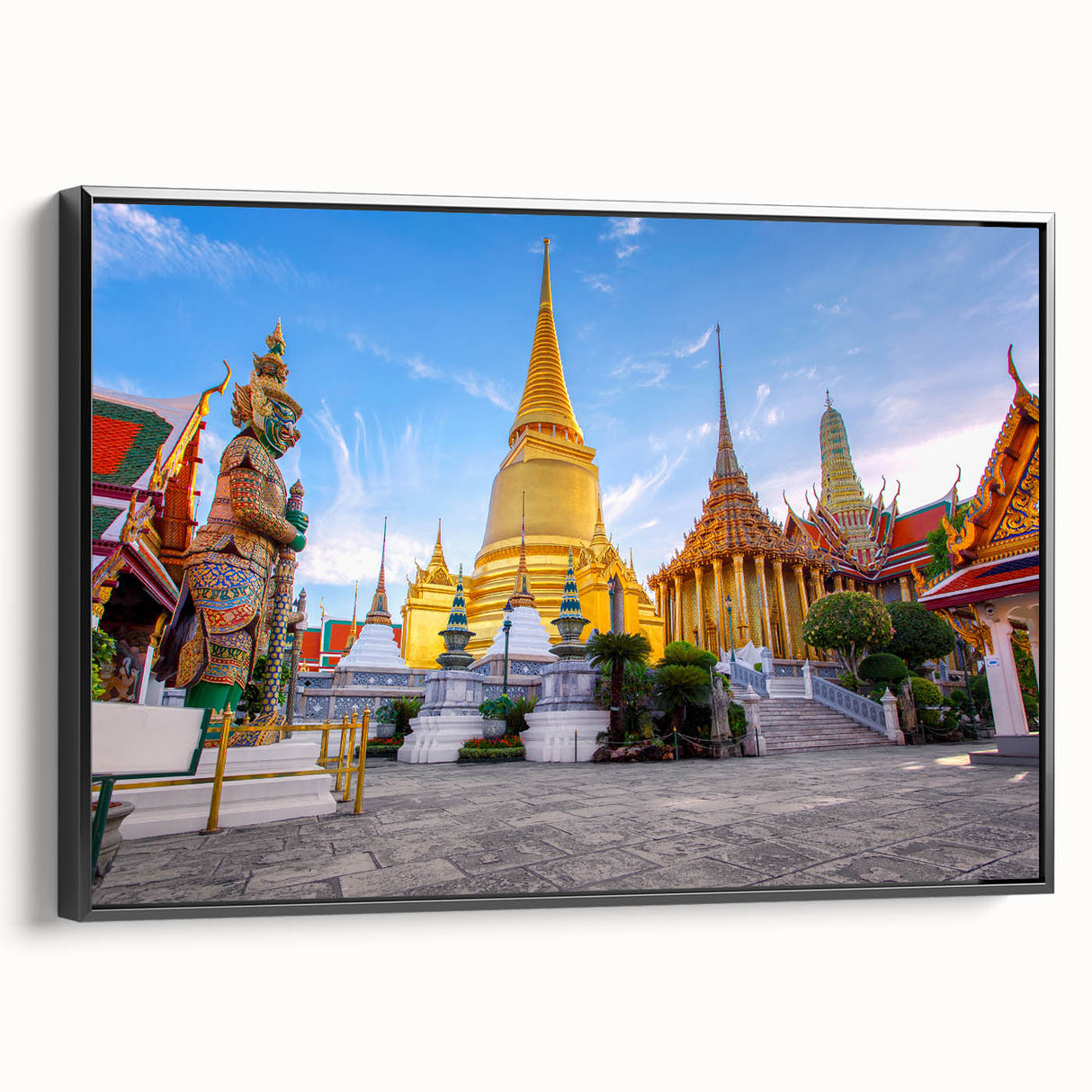 Black and white framed canvas of Bangkok landscape in vintage poster style, ideal for bedroom decor.