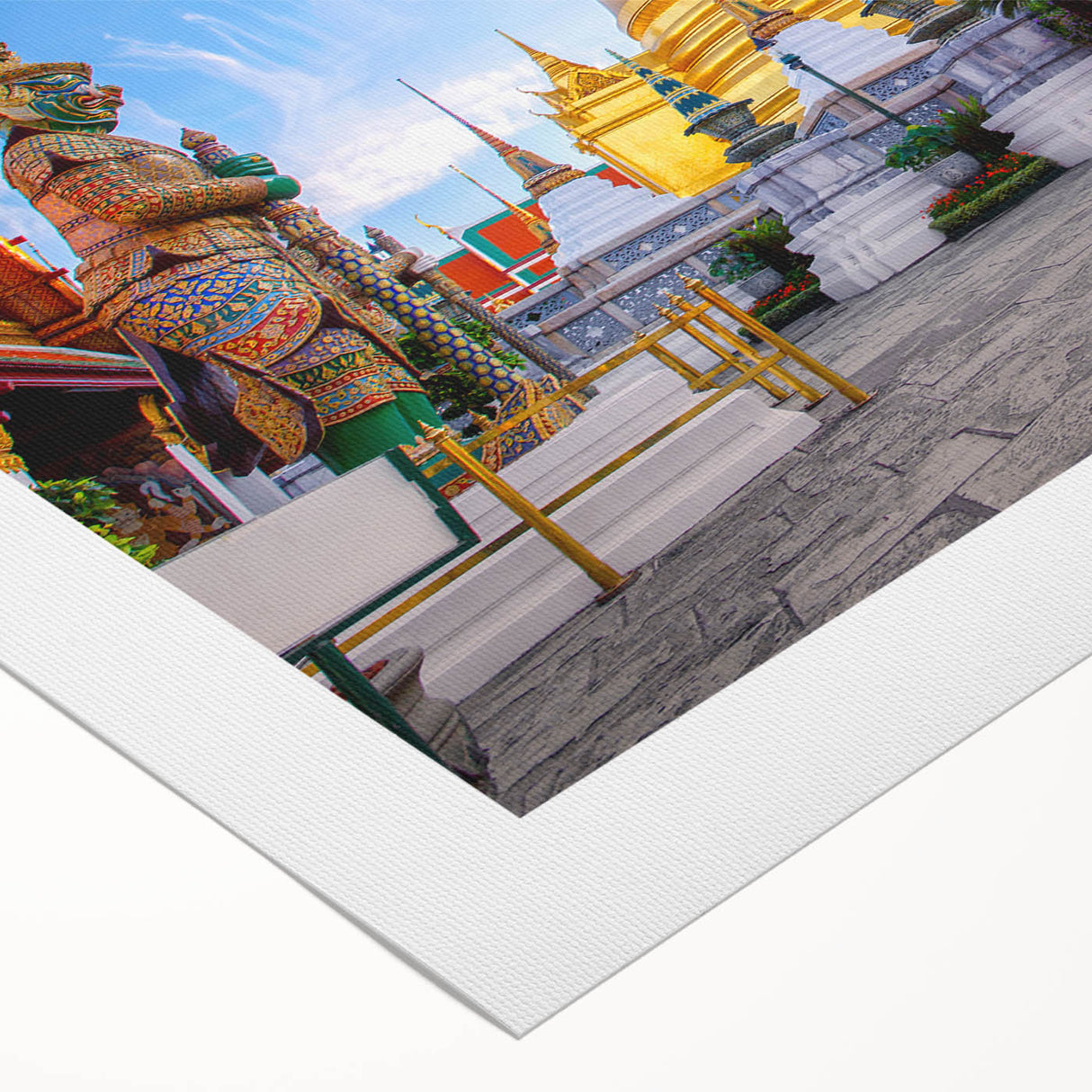 Art deco poster featuring a panoramic Bangkok skyline in muted gold and blue tones, printed on rolled canvas.