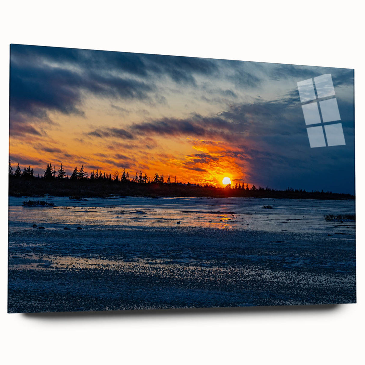 Large abstract wall art of Manitoba scenery in vibrant green and blue tones on acrylic glass.