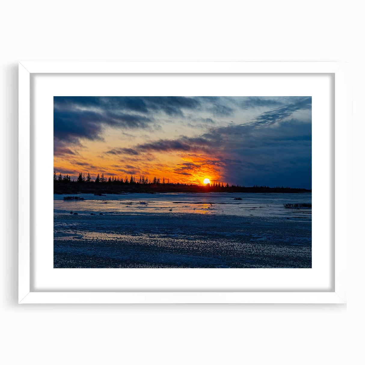Abstract art print of Manitoba scenery in muted earth tones, framed with a white mat, suitable for dining room decor.
