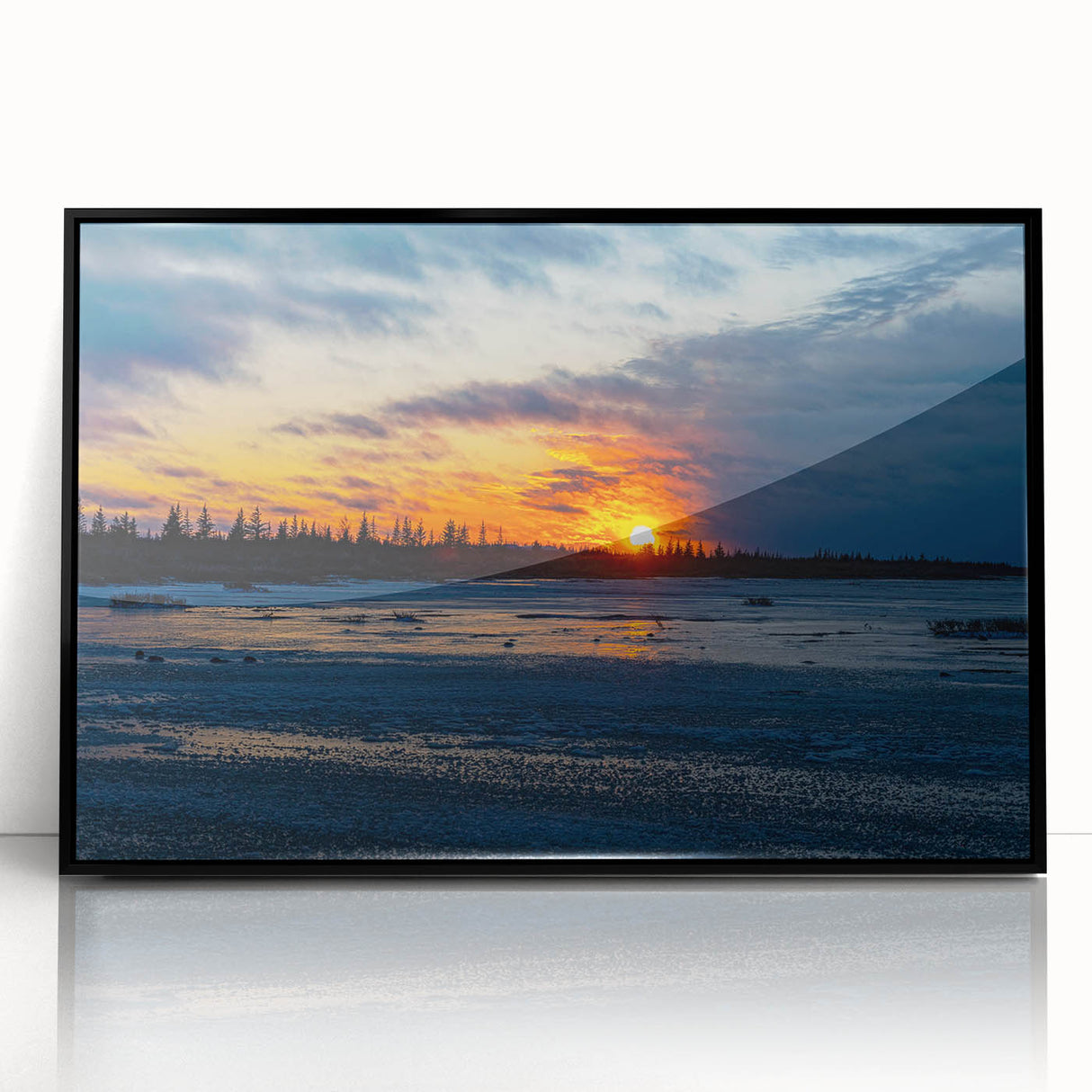 Large abstract wall art featuring a stylized Manitoba scenery in black and white tones on a framed acrylic.