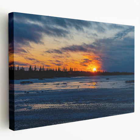 Large stretched canvas featuring a serene Manitoba, Canada landscape in muted green and blue tones.