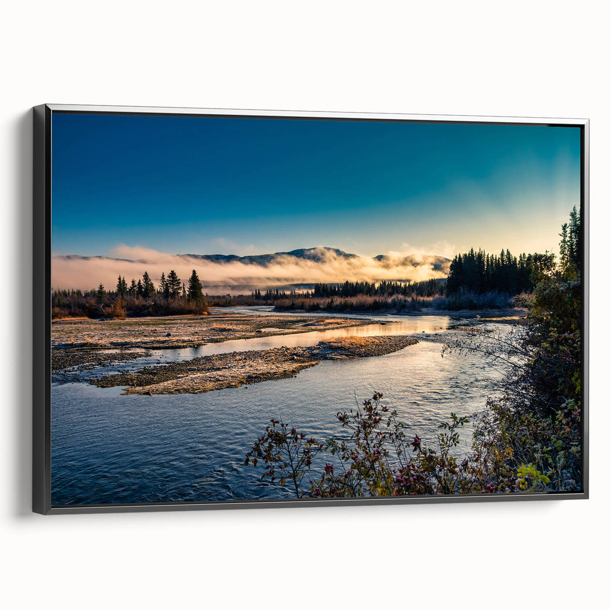 Black and white framed canvas of a Yukon landscape, ideal for bedroom wall art.