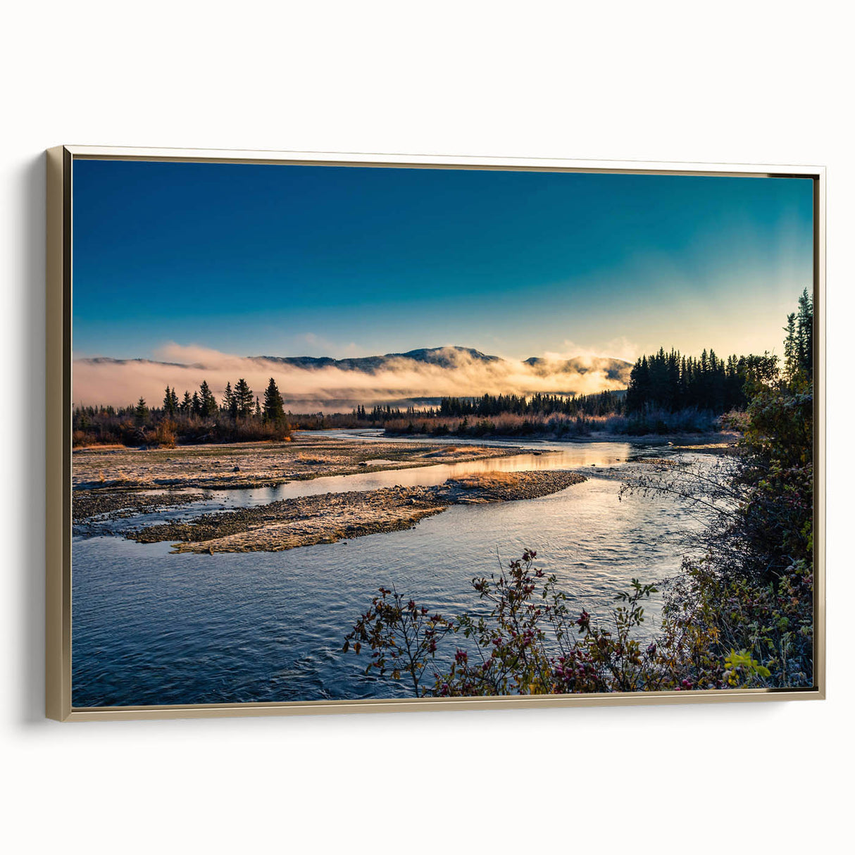 Framed canvas depicting a vintage-style Yukon landscape, featuring muted earth tones, ideal for bedroom wall art.