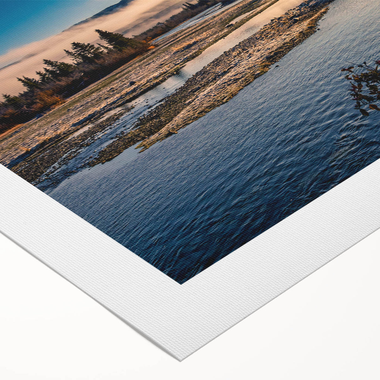 Art deco poster featuring a serene Yukon landscape in muted green and blue tones on rolled canvas.