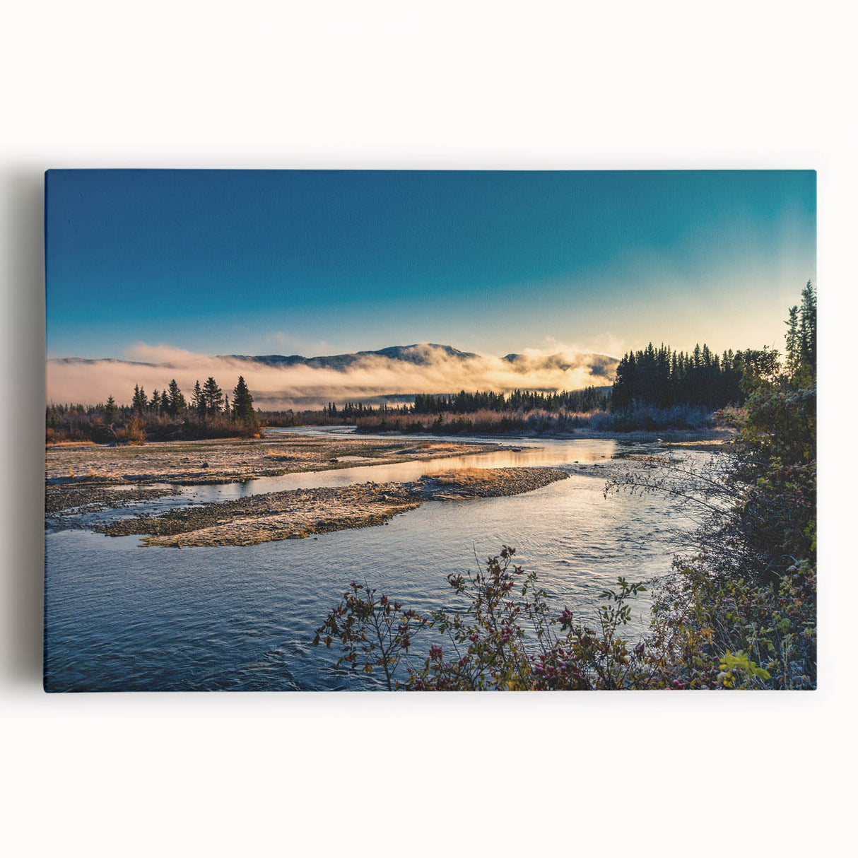 Black and white photograph of Yukon scenery on large stretched canvas, suitable for kitchen wall art.