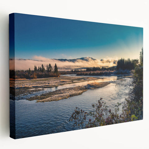 Scenic Yukon landscape on stretched canvas, featuring muted earth tones, ideal for kitchen wall art.