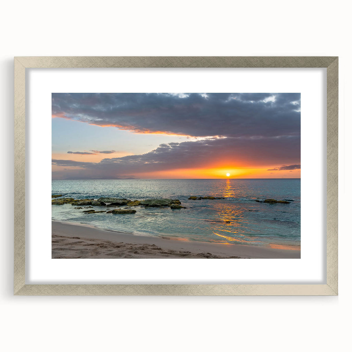 Extra large abstract art print of Caribbean scenery in textured style, silver-framed with mat, ideal for living room decor.