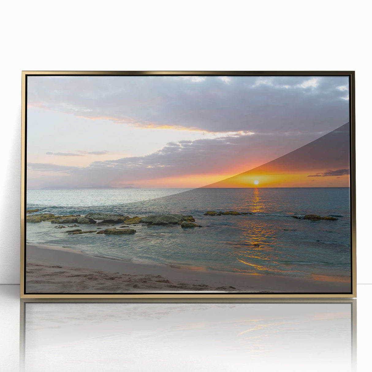 Art deco poster depicting a Caribbean scenery with vibrant blue and green tones, framed in gold acrylic.