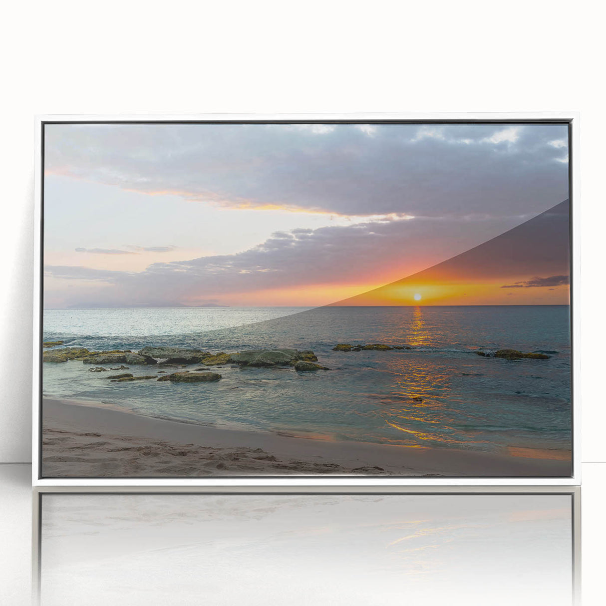 Mid-century modernist art depicting a serene Caribbean scenery in pastel shades, framed acrylic, ideal for nursery wall art.