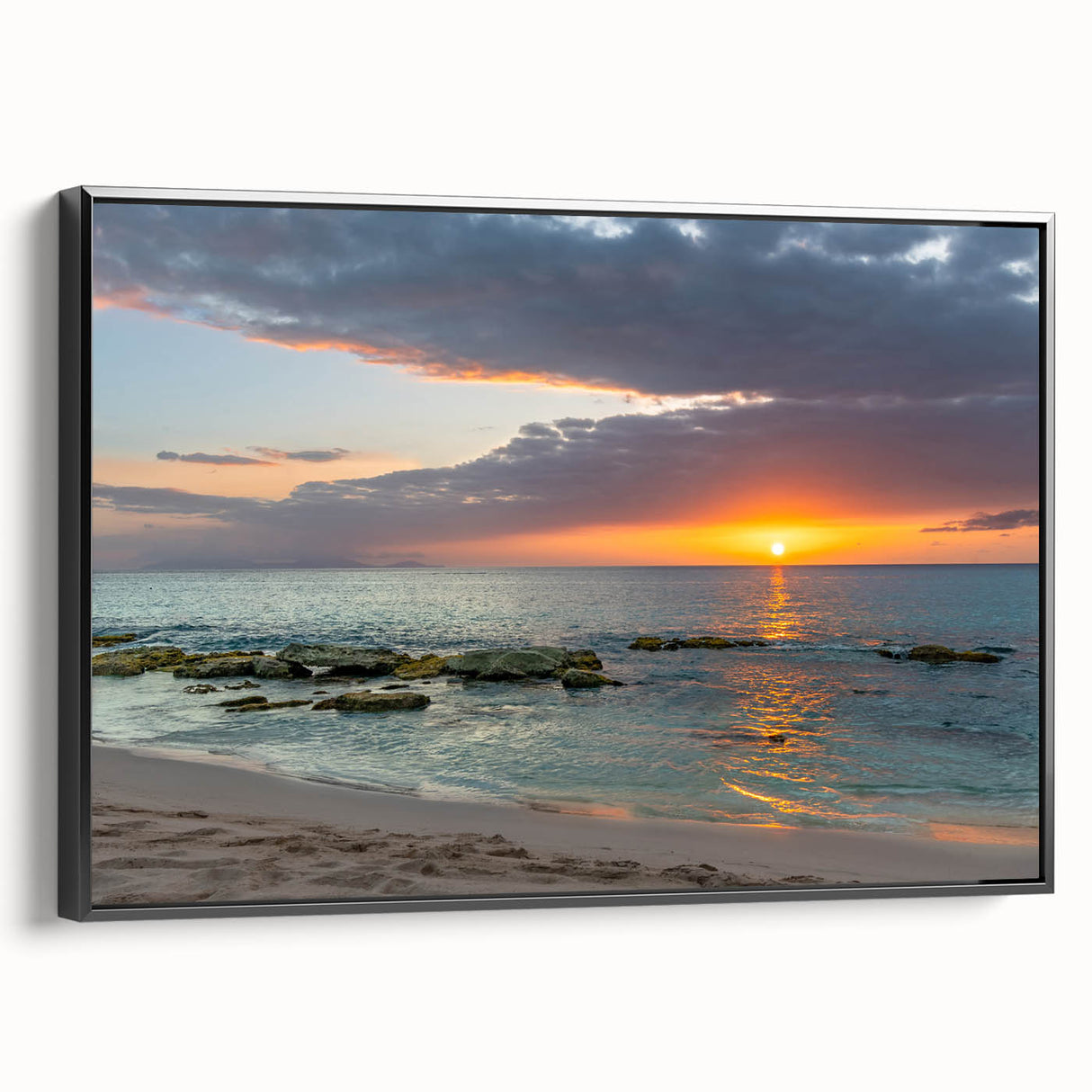 Black and white framed canvas of a Caribbean landscape, ideal for bedroom wall art with a vintage poster style.