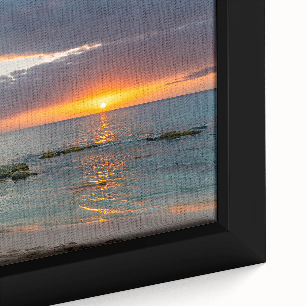 Textured black wall art featuring a vibrant Caribbean scenery on a framed canvas, ideal for living room decor.