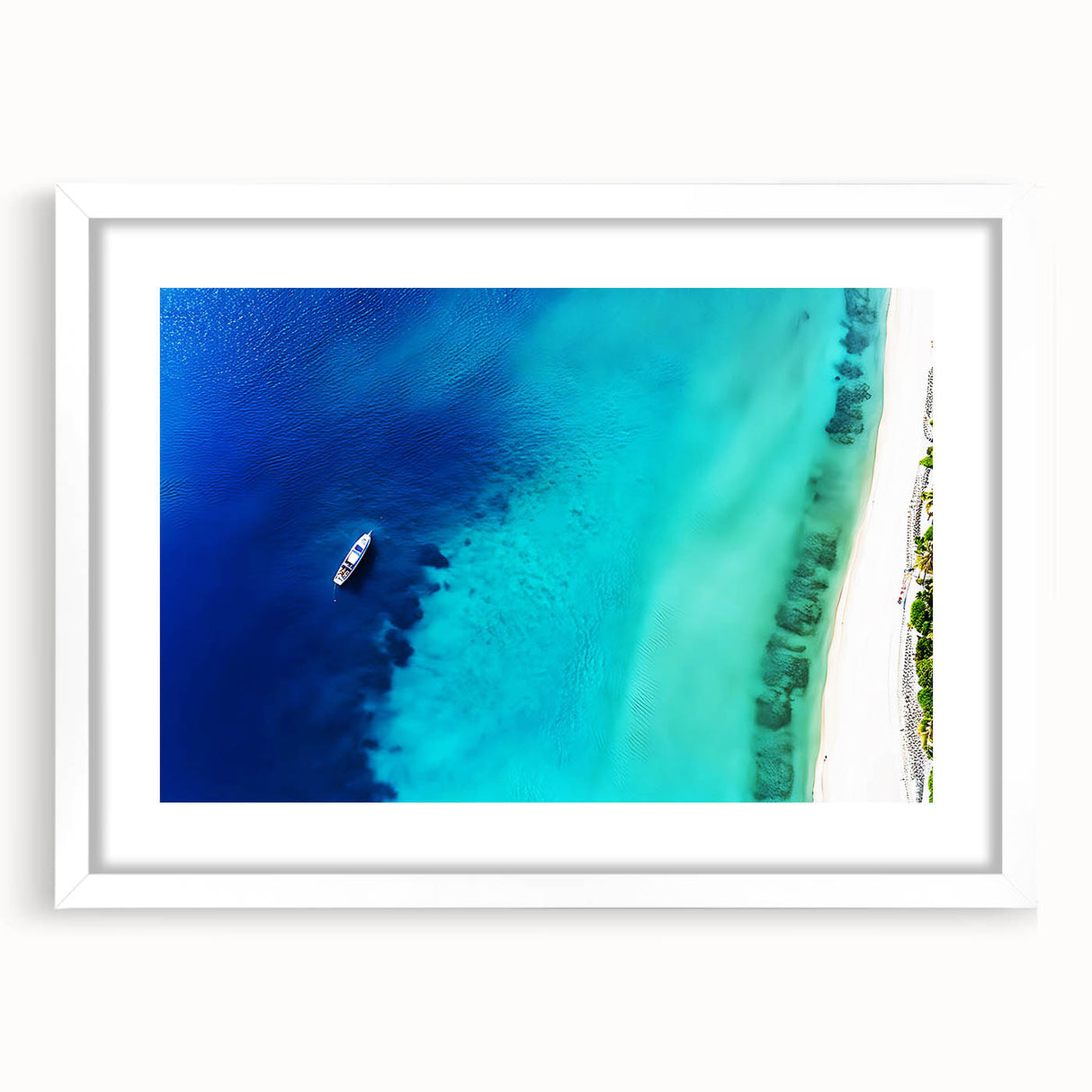 Textured abstract art print of a Caribbean scenery in muted blue and green tones, framed with a white mat.