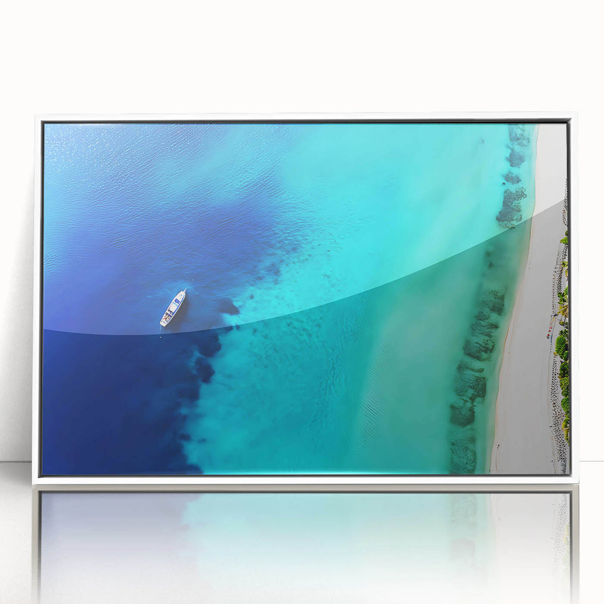 Mid-century modernist art depicting a Caribbean scene in vibrant colors on a framed acrylic, suitable for nursery wall art.