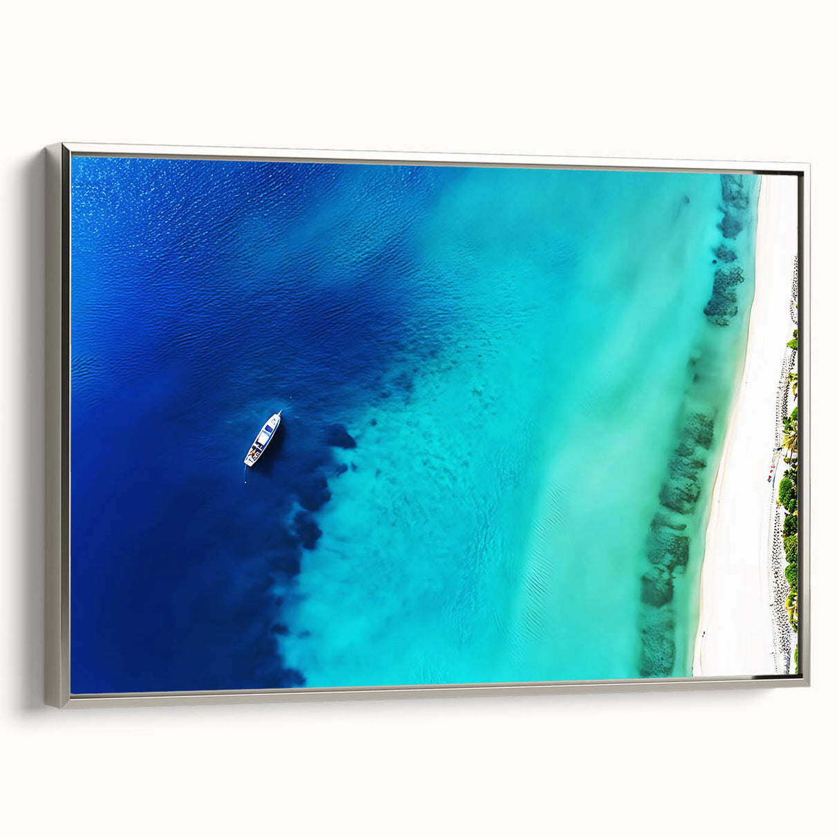 Framed canvas featuring a vintage-style landscape art painting of a Caribbean scenery.
