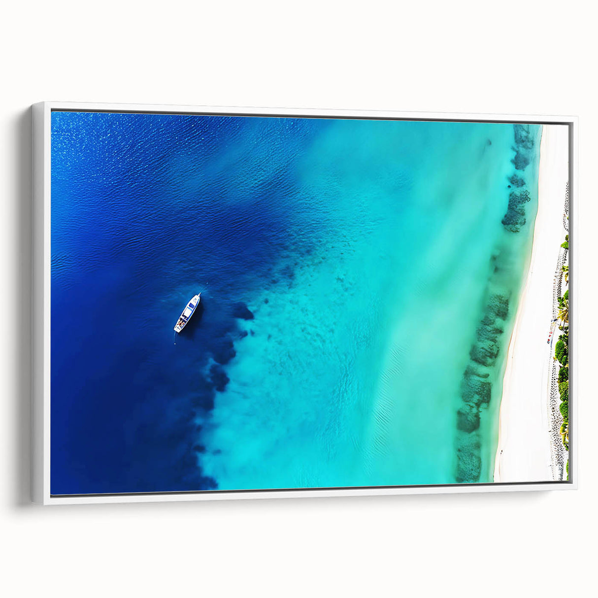 Vintage poster art of a Caribbean scenery on a framed canvas, featuring vibrant colorful art, ideal for living room decor.