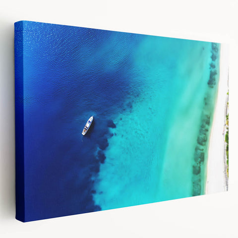 Stretched canvas print of a Caribbean beach with vivid blue and turquoise waters, ideal for kitchen wall art.