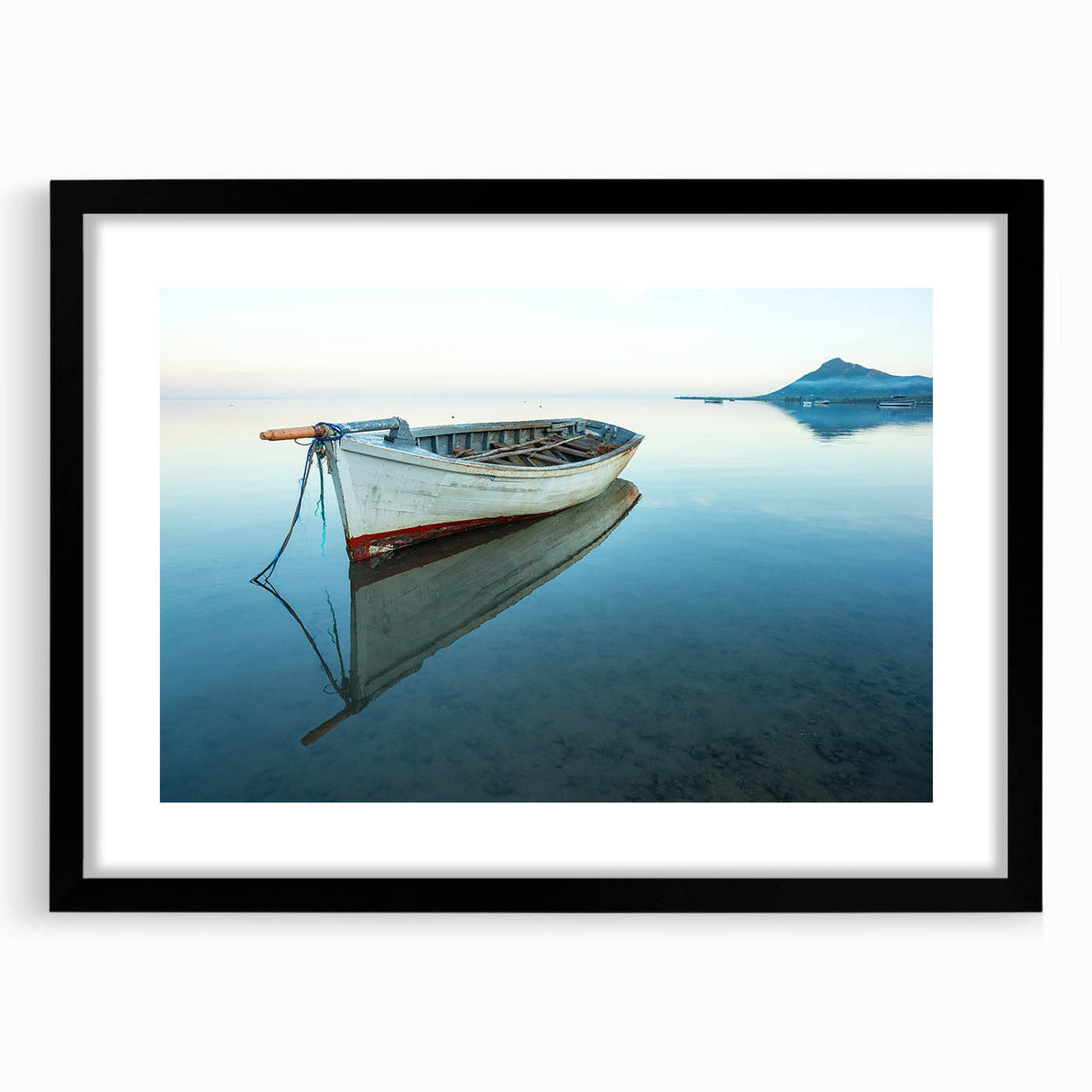 Extra large textured abstract art print with vivid colors depicting a Caribbean scenery, framed in black.