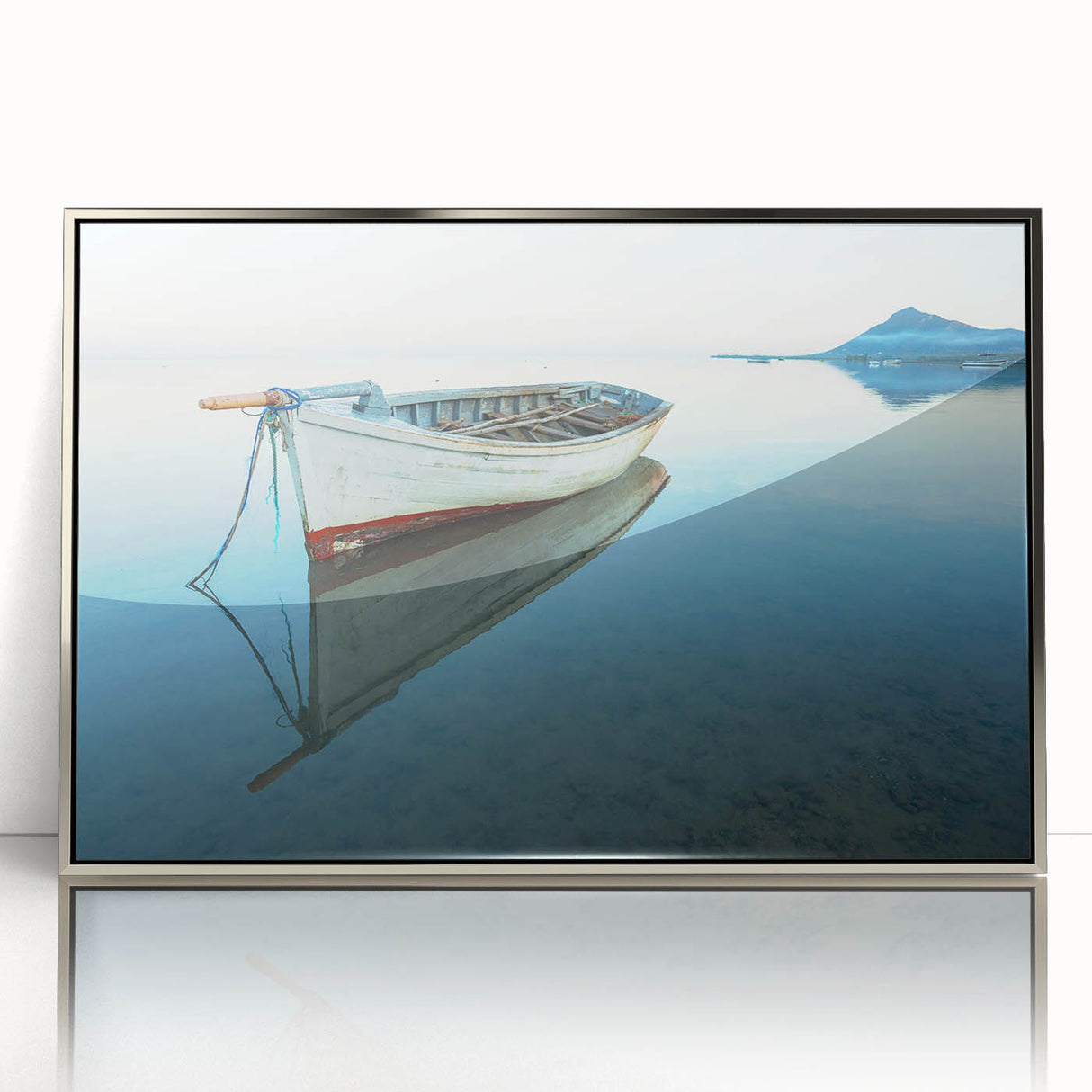 Large art print of a Caribbean Martinique scenery in muted blue and green tones on a framed acrylic.