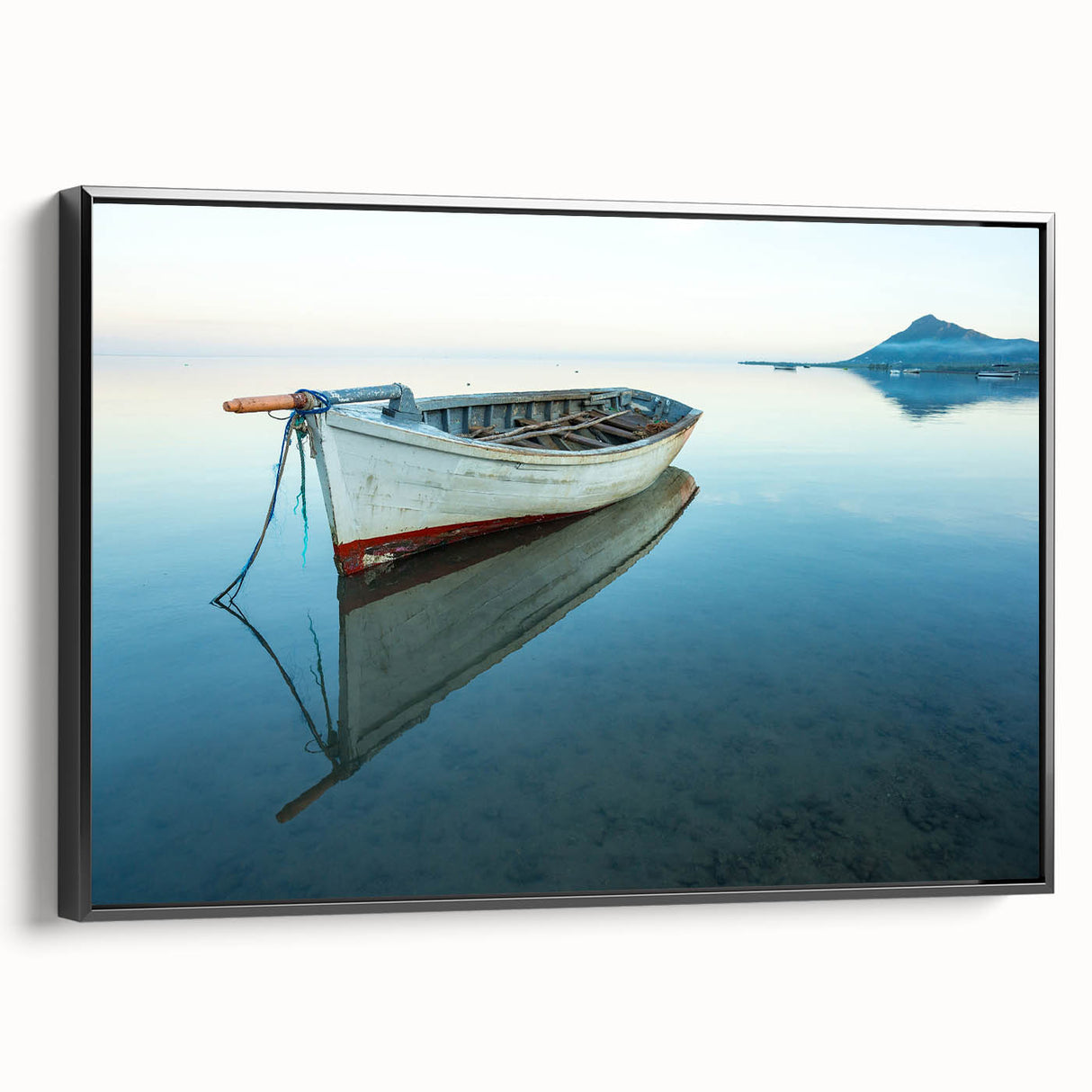 Black and white framed canvas of a vintage Caribbean landscape, ideal for bedroom wall art.