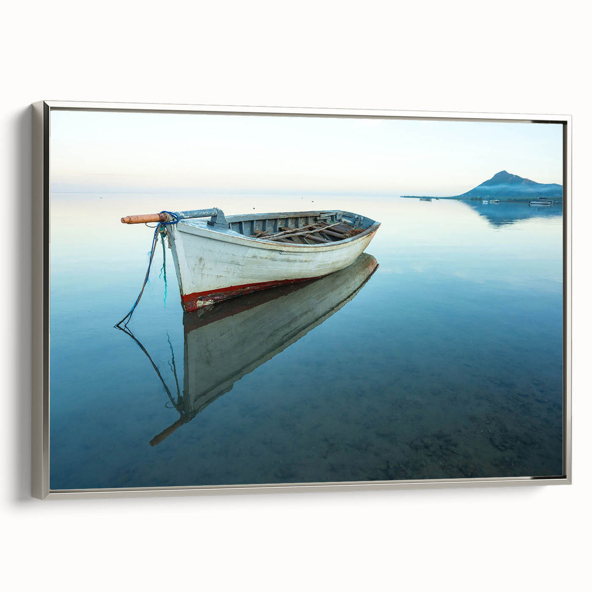 Landscape art painting of a Caribbean scenery on framed canvas, featuring vibrant blue and green tones.