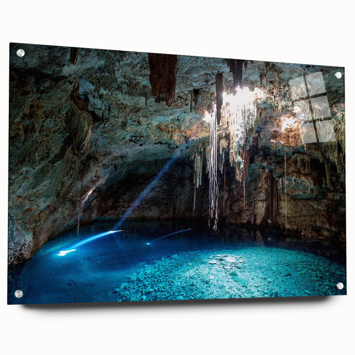 Large abstract wall art depicting a Mexican Yucatan scenery in vibrant hues on acrylic glass, ideal for dining room decor.