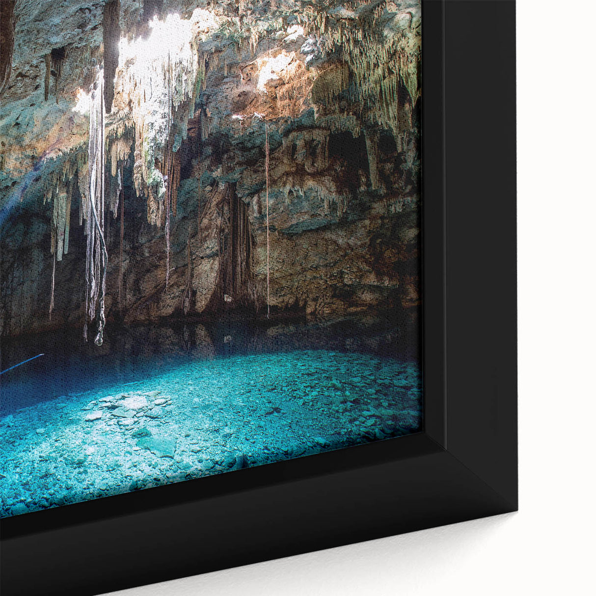 Framed canvas of a large abstract depiction of Yucatán scenery in mid-century modernist style, using muted earth tones.