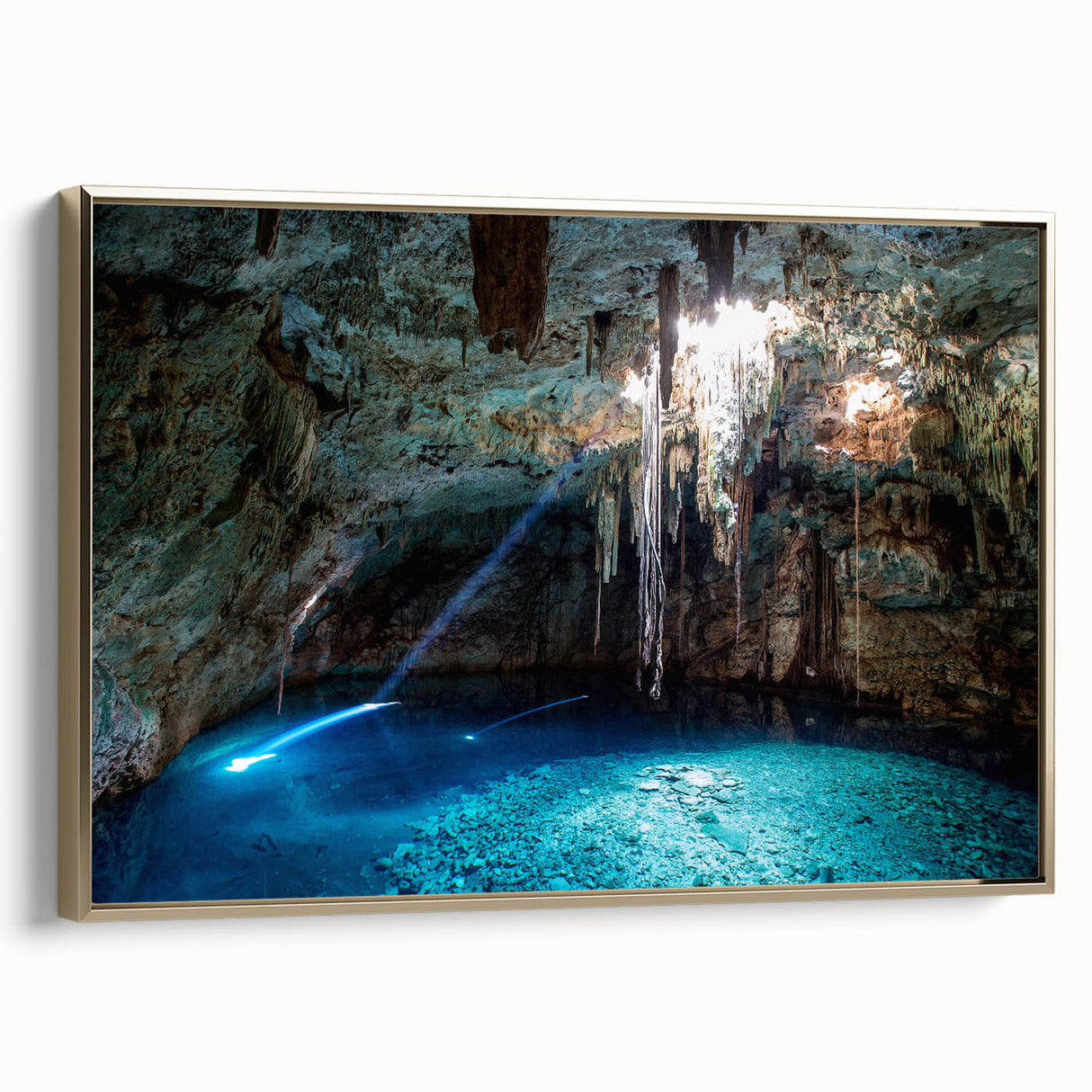 Framed canvas depicting a vintage landscape of Yucatan, Mexico in black and gold tones, ideal for bedroom wall art.