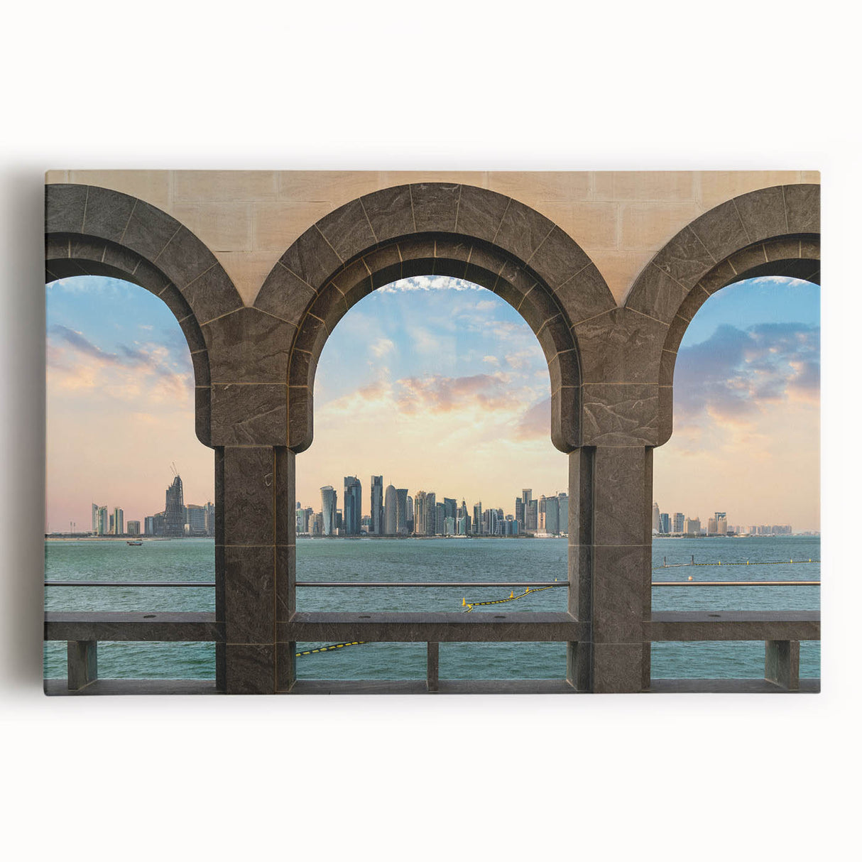 Black and white stretched canvas of a Middle Eastern cityscape, ideal for kitchen wall art.