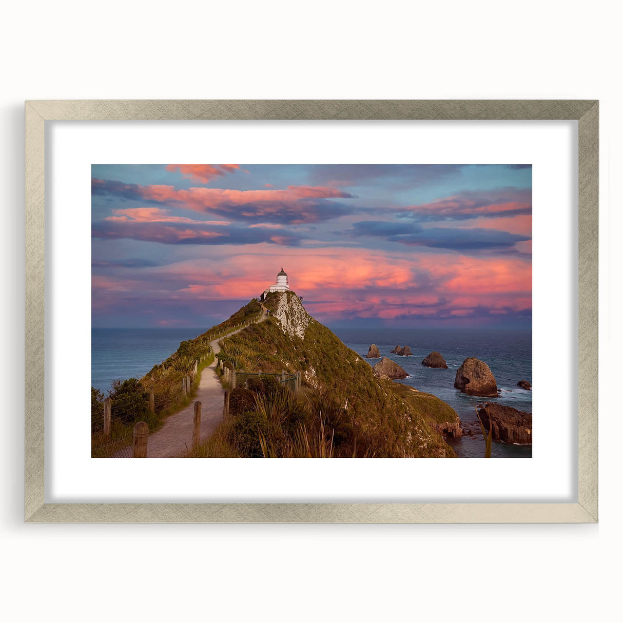 Textured art print of abstract Otago, New Zealand scenery in silver frame, with cool blue and gray tones.