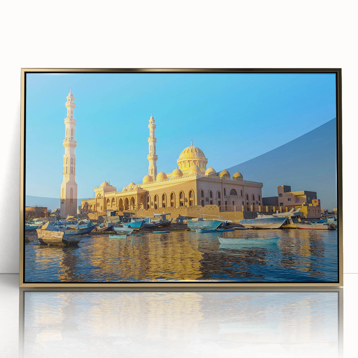 Mid-century modernist art depicting the Egyptian landscape in gold and teal hues on framed acrylic.