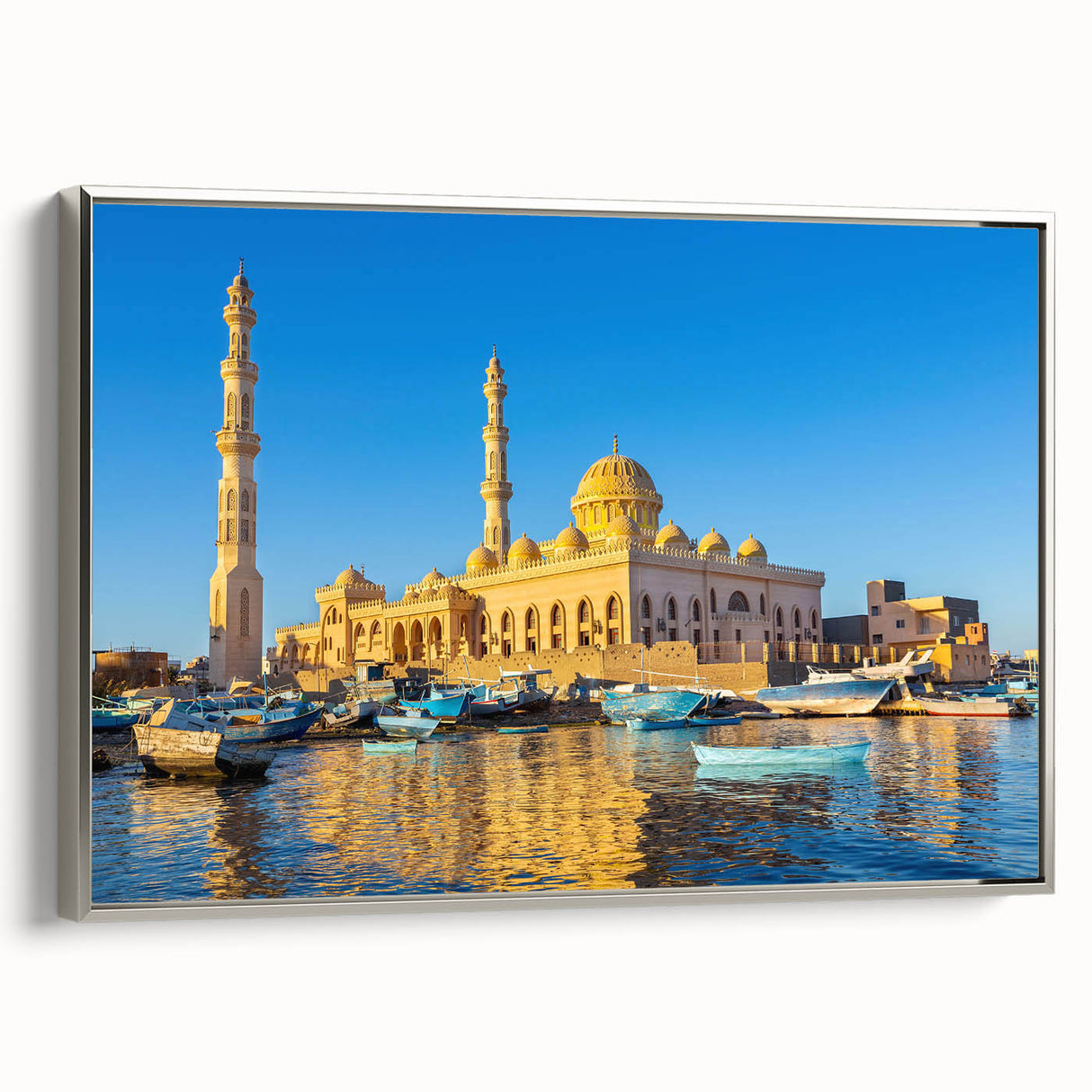 Vintage poster art of an Egyptian landscape on a framed canvas, featuring a colorful palette, ideal for living room decor.