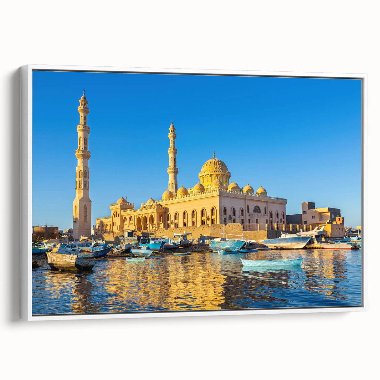 Framed canvas wall art depicting a vintage-style Egyptian landscape in muted earth tones, ideal for bedroom decor.