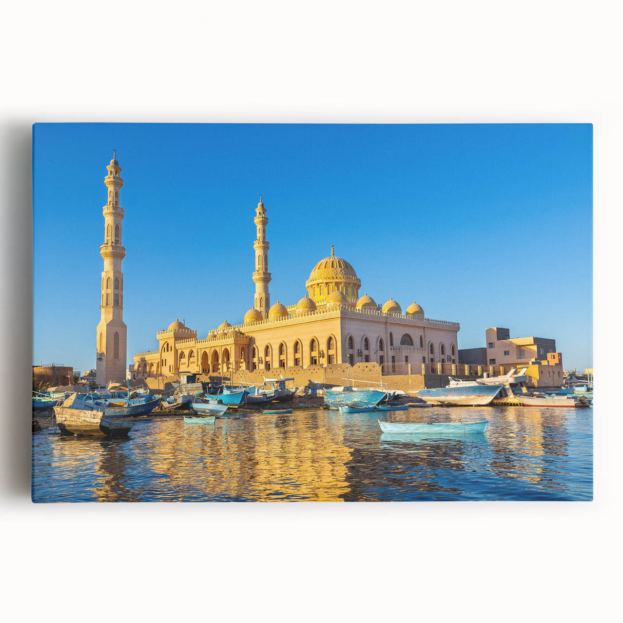 Large black and white stretched canvas of Egyptian scenery, ideal for kitchen wall art.