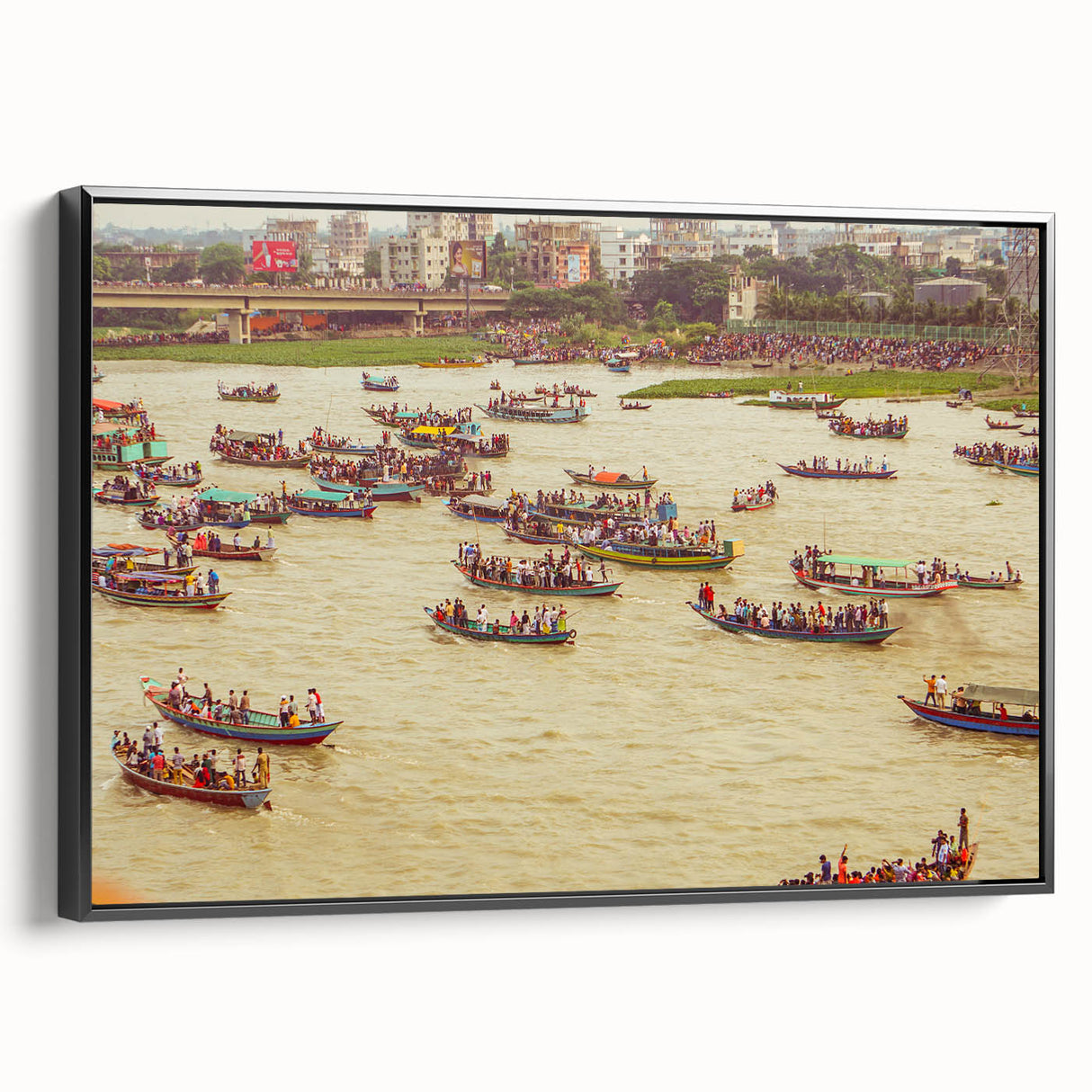 Black and white landscape art painting of a serene Bangladesh scenery on framed canvas, ideal for bedroom wall decor.