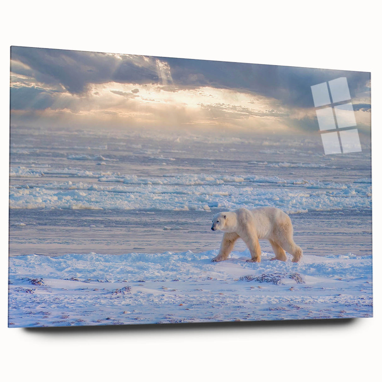 Large abstract wall art depicting a serene Manitoba, Canada scenery in muted blue and green tones on acrylic glass.