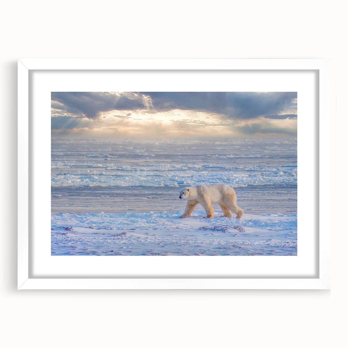 Abstract art print of a serene Manitoba landscape in muted green and blue tones, framed with a white mat.