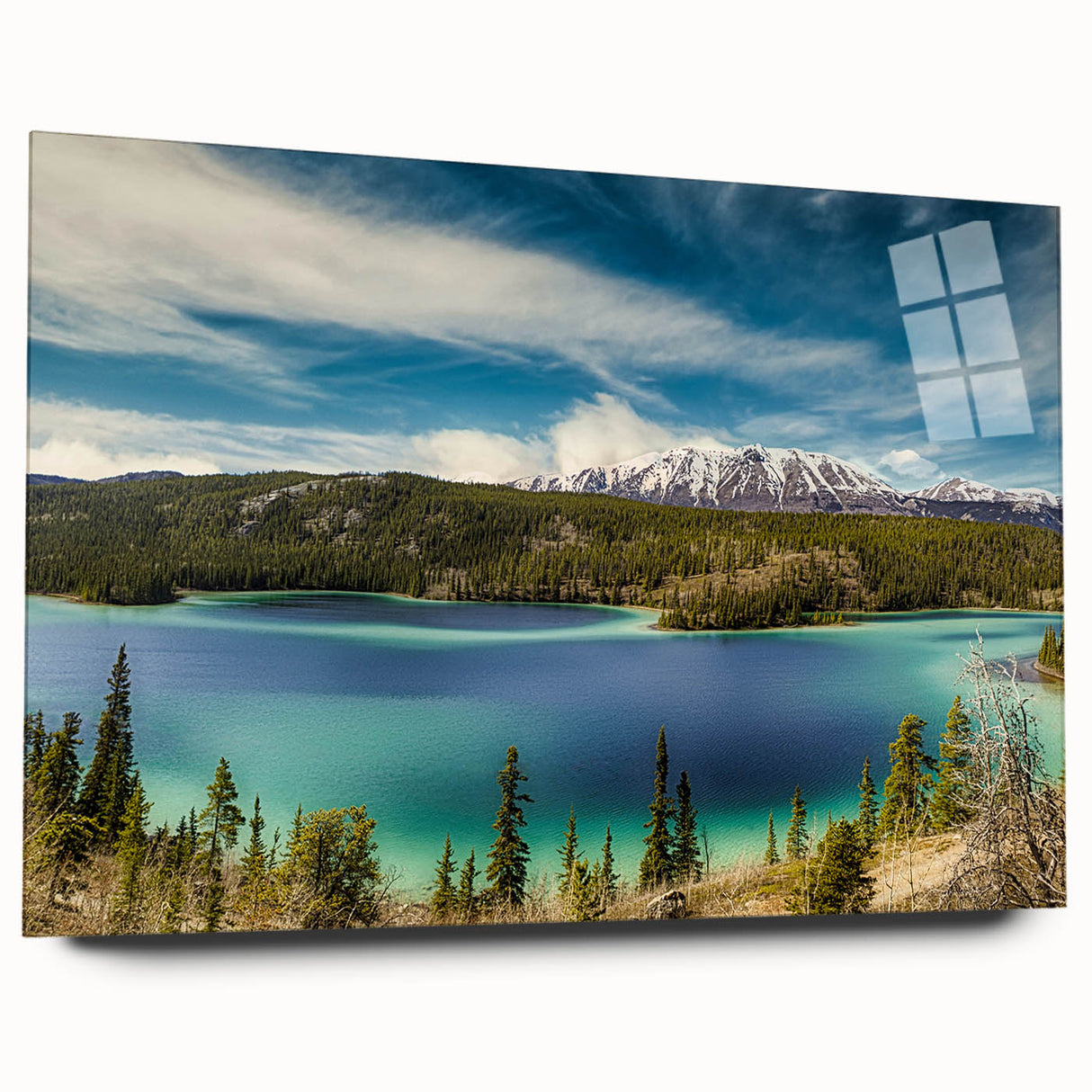 Large abstract wall art depicting a serene Yukon landscape in muted earth tones on acrylic glass.