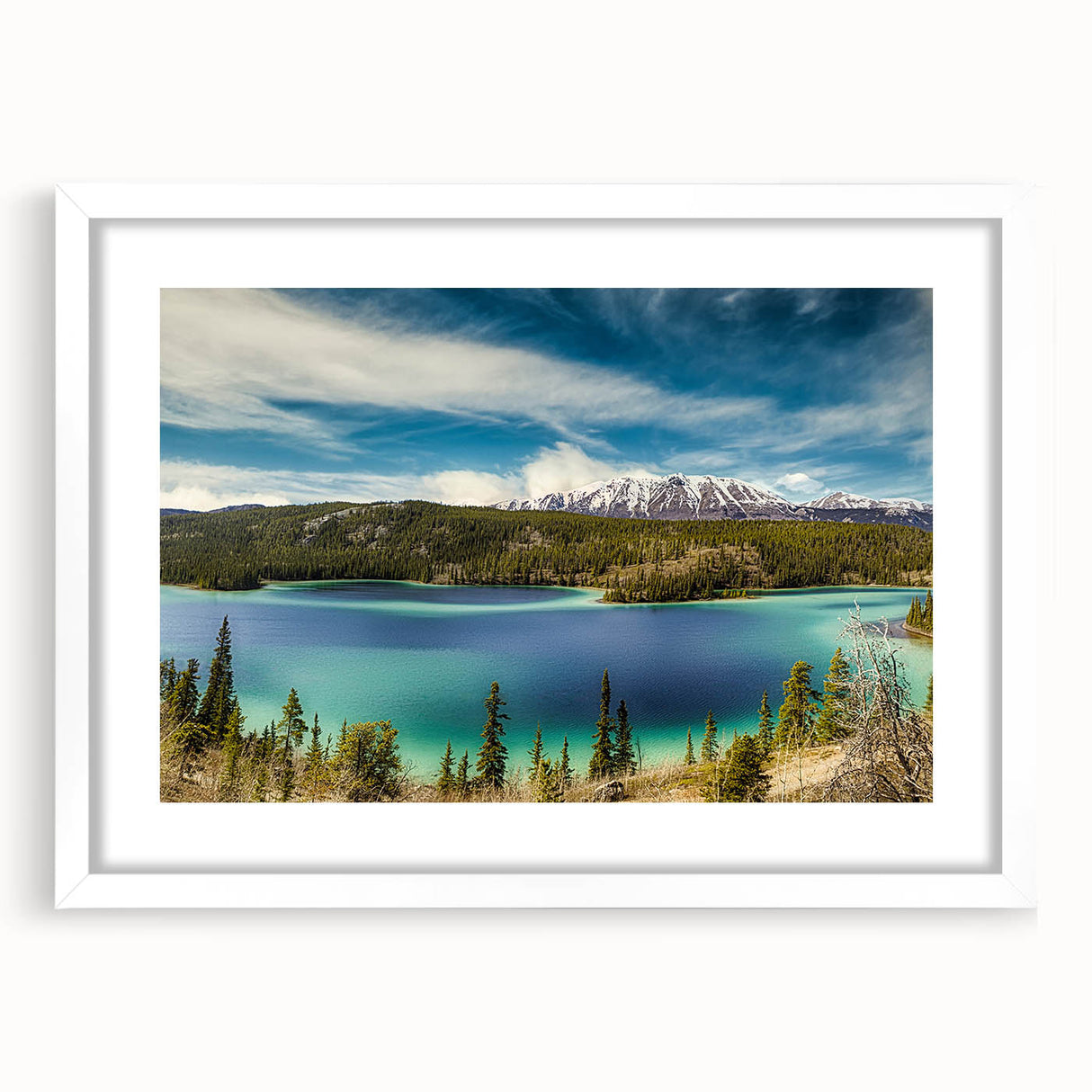 Abstract art print of Yukon scenery in muted earth tones, framed with a white mat, ideal for dining room decor.