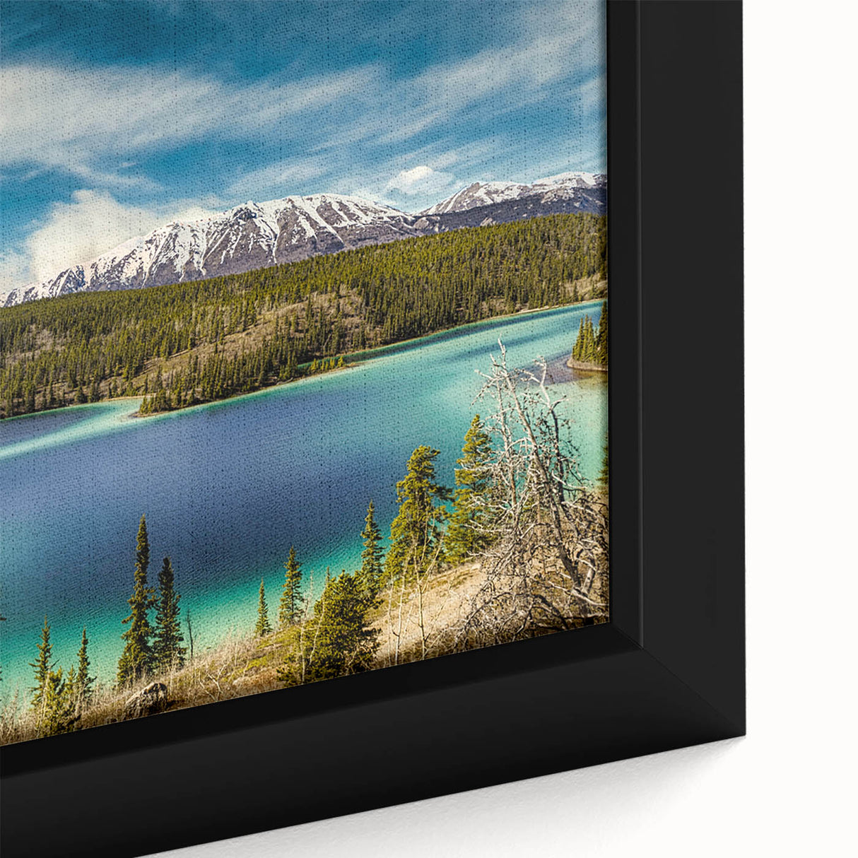 Extra large framed canvas featuring a textured depiction of the Yukon scenery in black with colorful art elements.