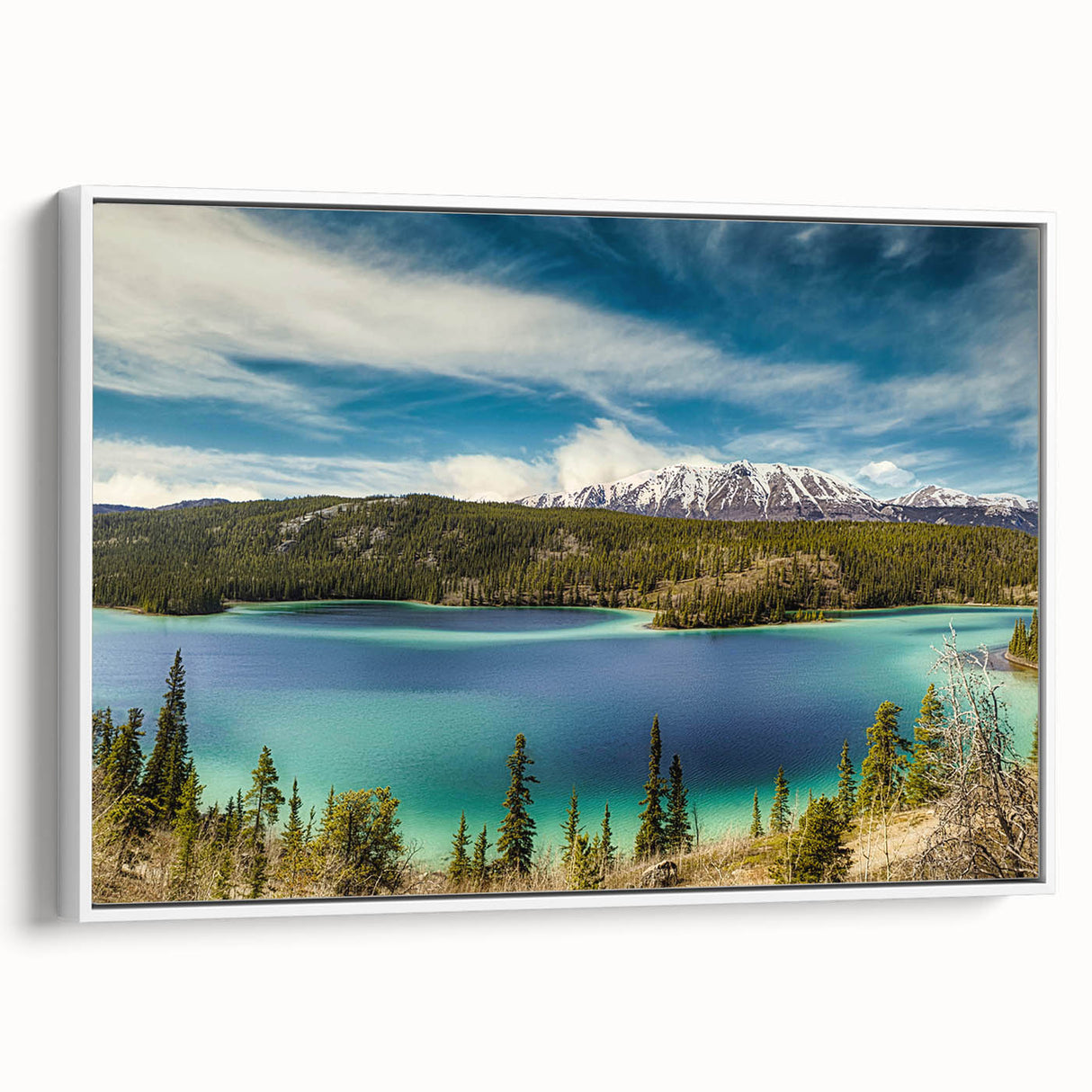 Vintage poster art of Yukon scenery on a framed canvas, featuring vibrant, colorful art and black accents.