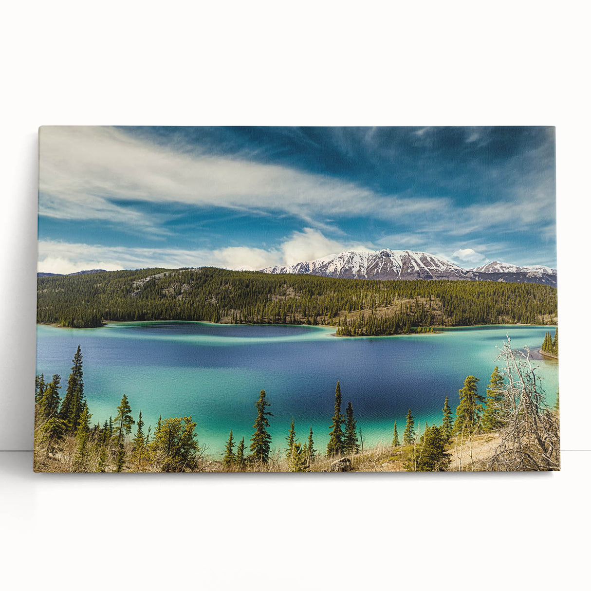 Black and white photograph of Yukon scenery on stretched canvas, ideal for kitchen wall art.